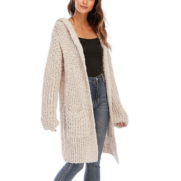 CGYY Chunky Knit Hooded Open Front Cardigan Sweater Cream Oversized Cozy Boho - Picture 2 of 11